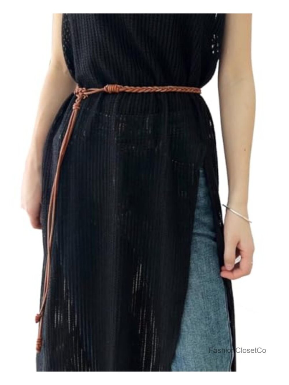 Woven PU Leather Skinny Belt for Waist Cinching